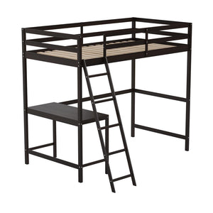 Loft Bed Frame with Desk, Twin Size with Protective Guard Rails - Espresso - Flash Furniture