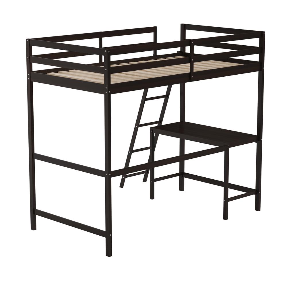 Loft Bed Frame with Desk, Twin Size with Protective Guard Rails - Espresso - Flash Furniture