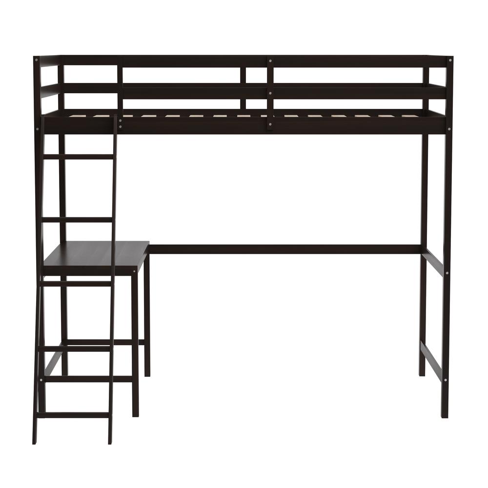 Loft Bed Frame with Desk, Twin Size with Protective Guard Rails - Espresso - Flash Furniture