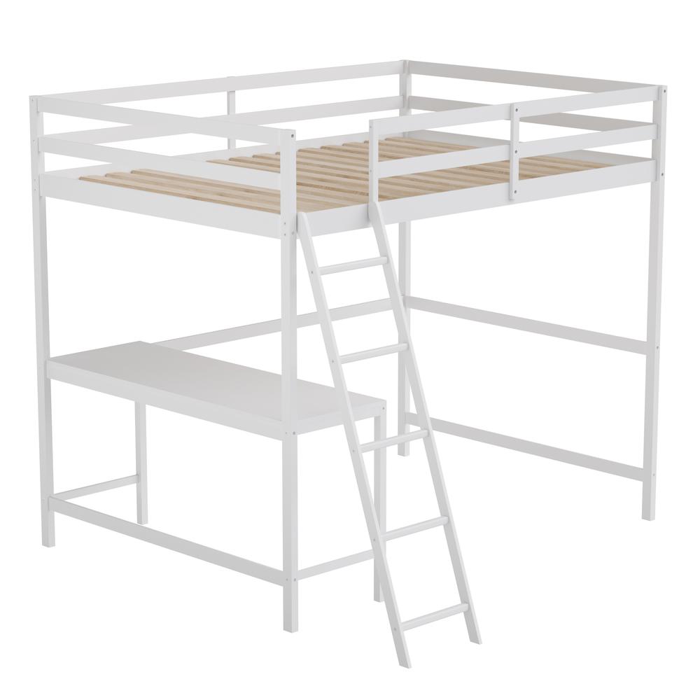 Loft Bed Frame with Desk, Full Size with Protective Guard Rails - White - Flash Furniture