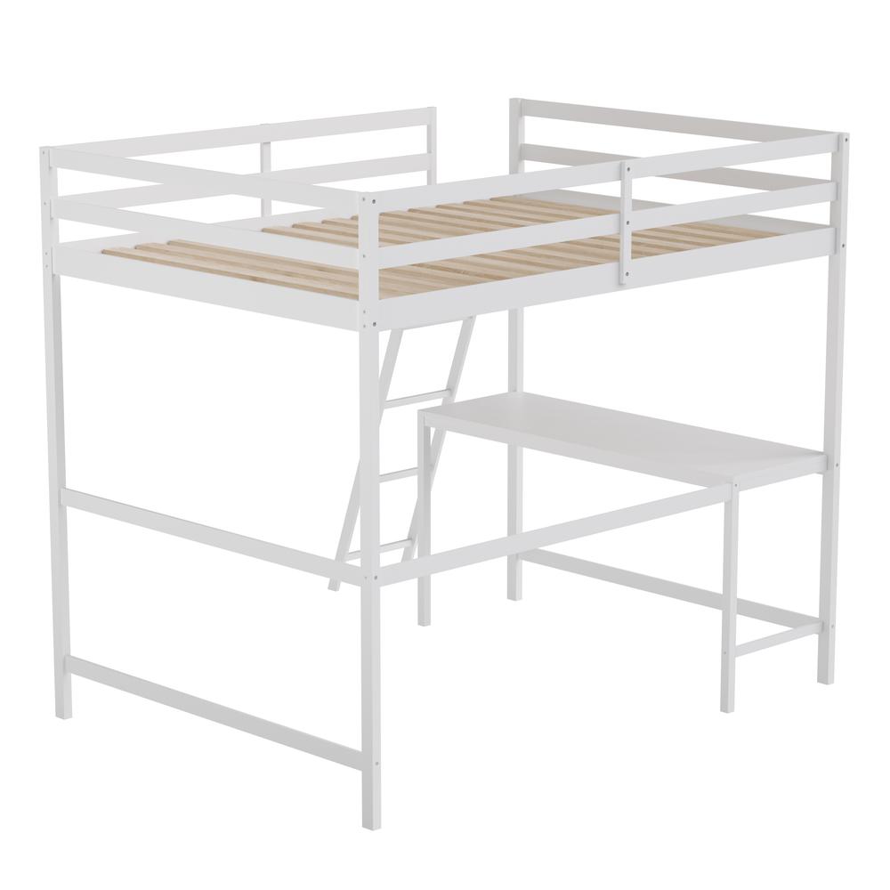 Loft Bed Frame with Desk, Full Size with Protective Guard Rails - White - Flash Furniture
