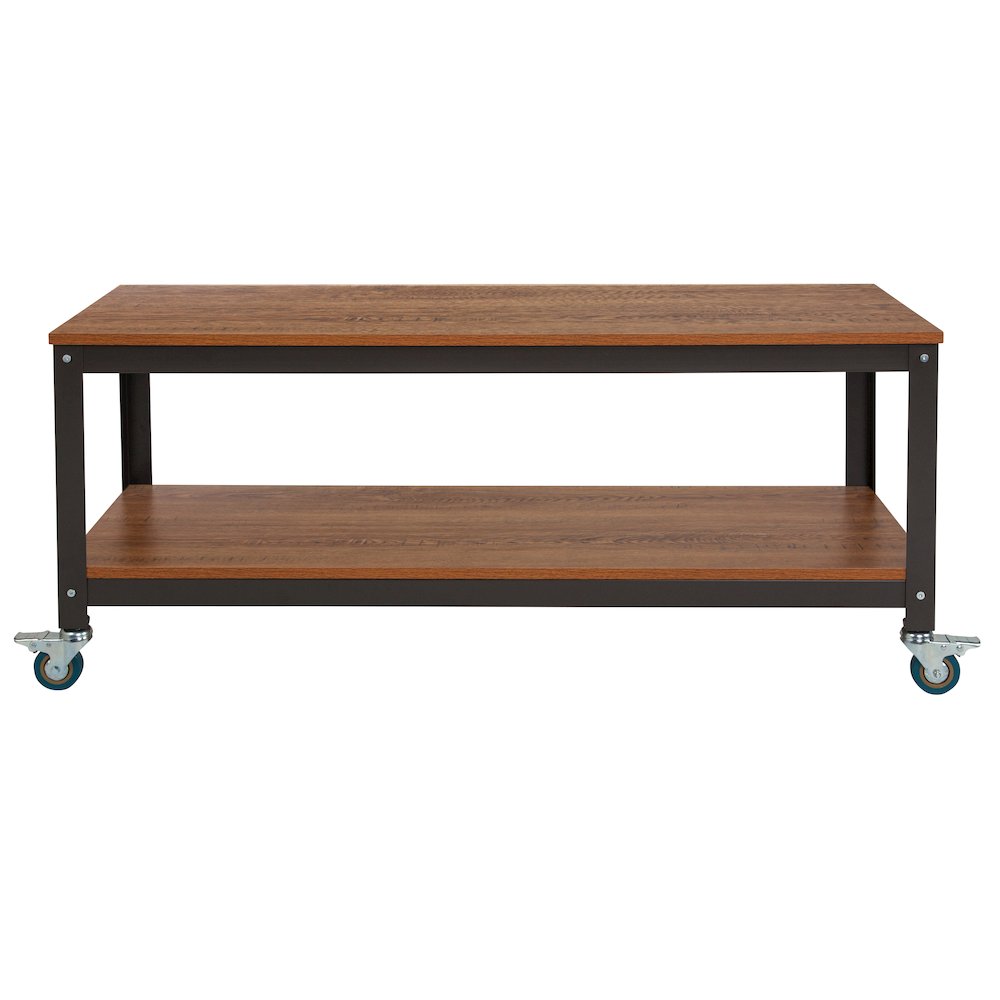 TV Stand in Brown Oak Wood Grain Finish with Metal Wheels - Flash Furniture