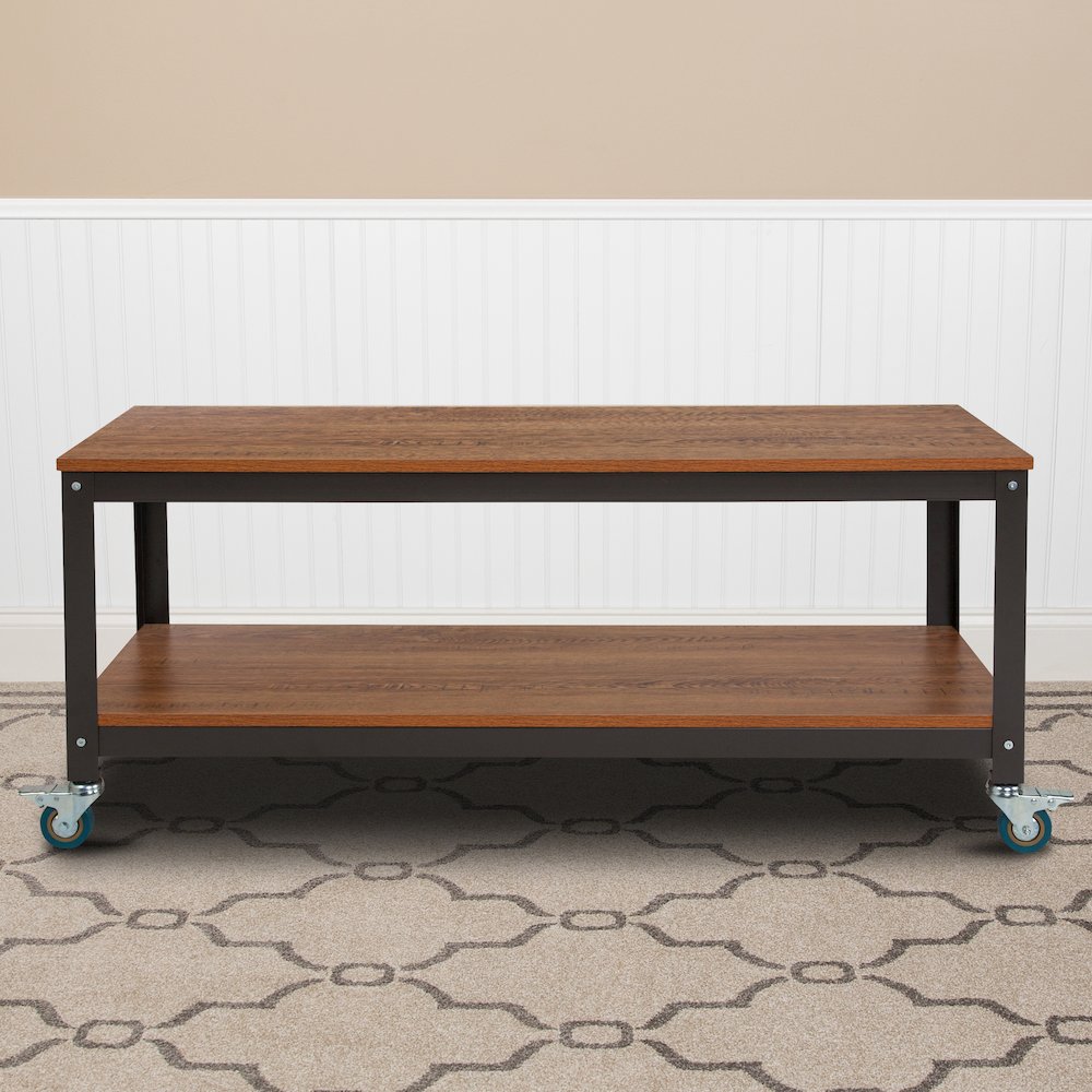 TV Stand in Brown Oak Wood Grain Finish with Metal Wheels - Flash Furniture