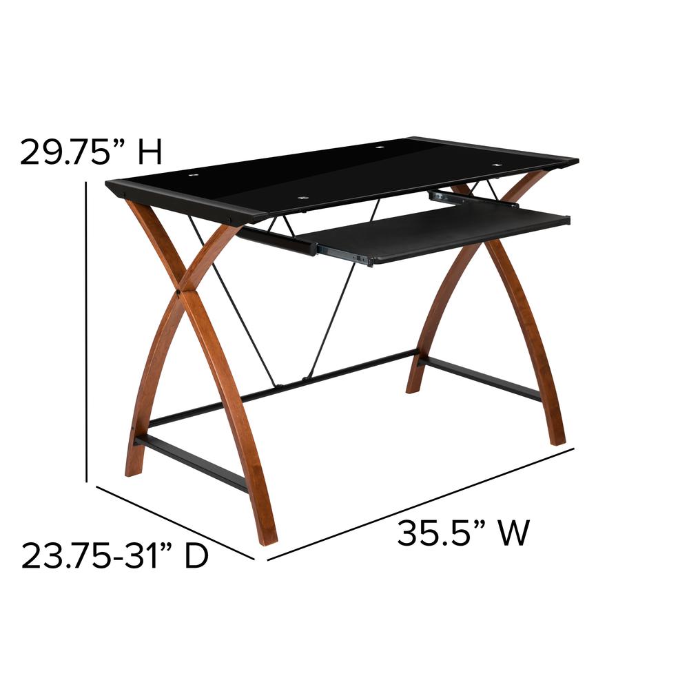 Black Glass Computer Desk with Pull-Out Keyboard Tray and Crisscross Frame - Flash Furniture