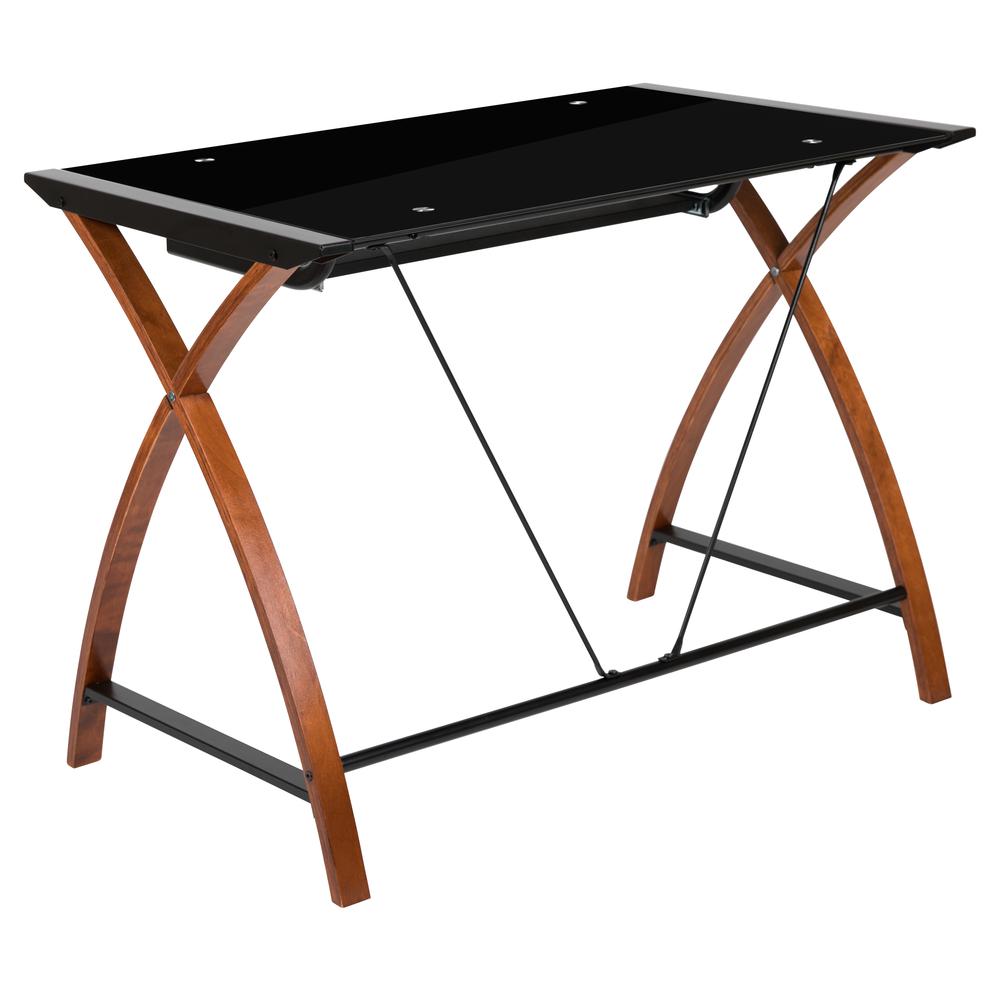 Black Glass Computer Desk with Pull-Out Keyboard Tray and Crisscross Frame - Flash Furniture