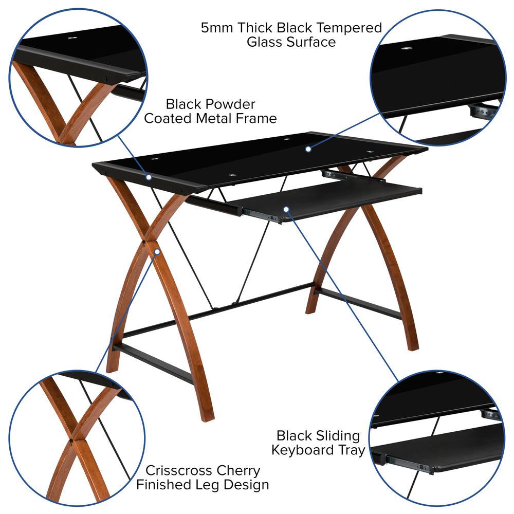 Black Glass Computer Desk with Pull-Out Keyboard Tray and Crisscross Frame - Flash Furniture