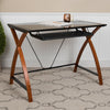 Black Glass Computer Desk with Pull-Out Keyboard Tray and Crisscross Frame - Flash Furniture