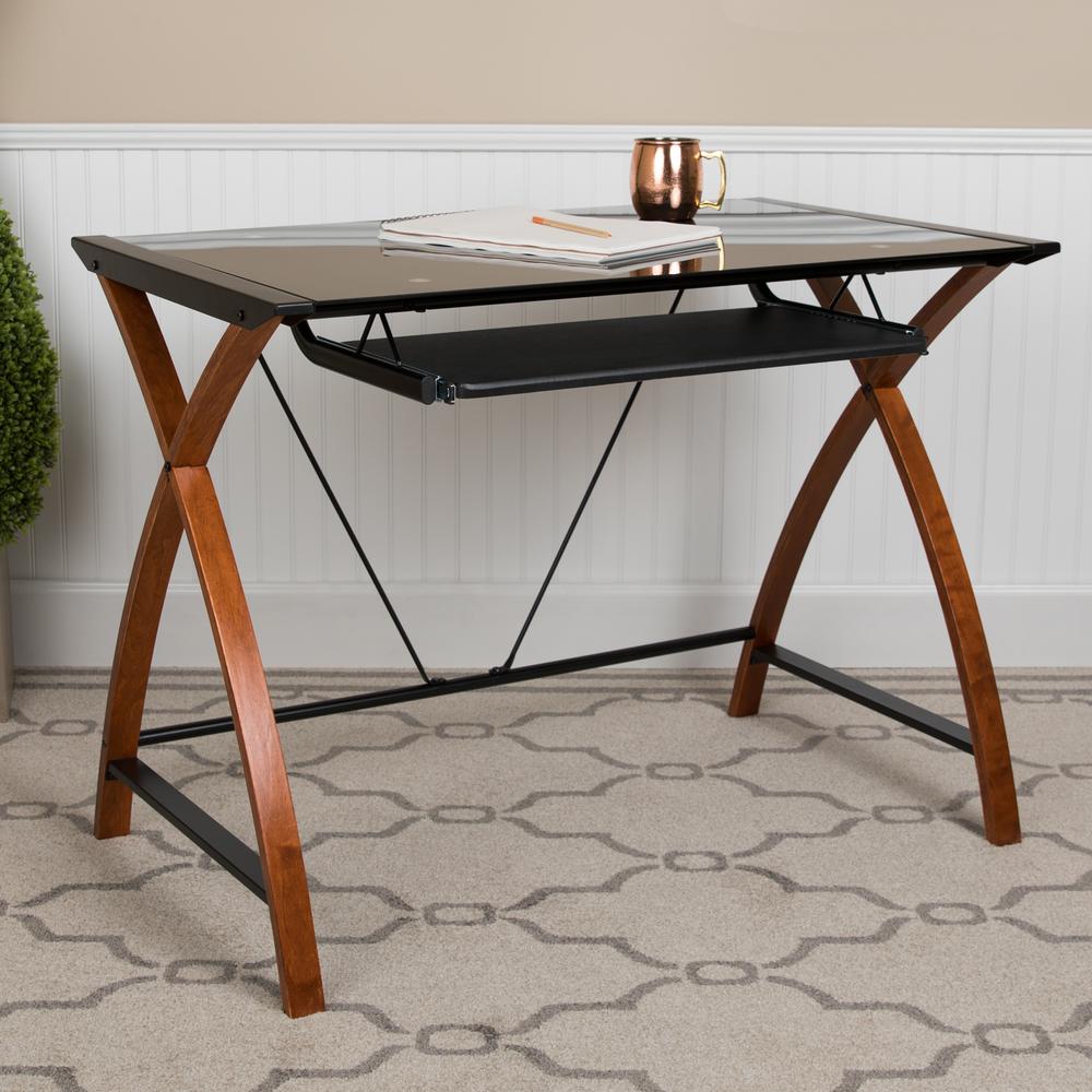 Black Glass Computer Desk with Pull-Out Keyboard Tray and Crisscross Frame - Flash Furniture