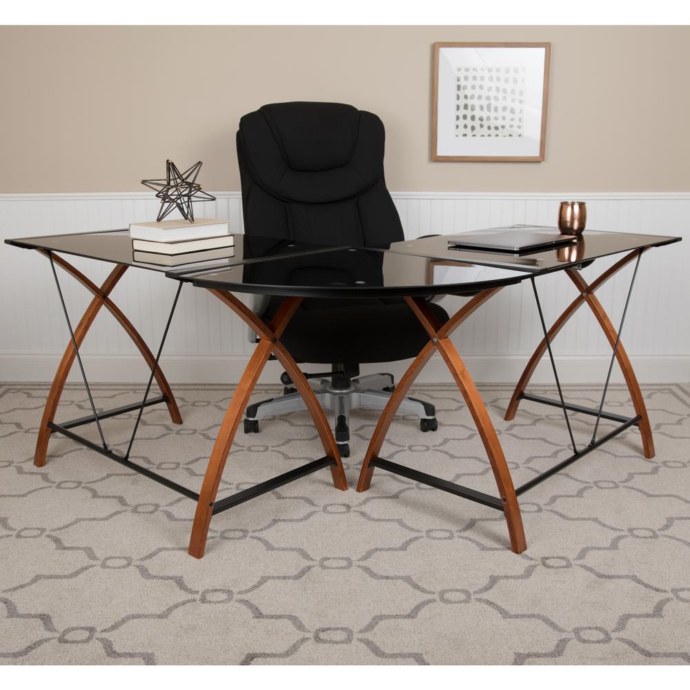 Black Glass L-Shape Corner Computer Desk with Pull-Out Keyboard Tray - Flash Furniture