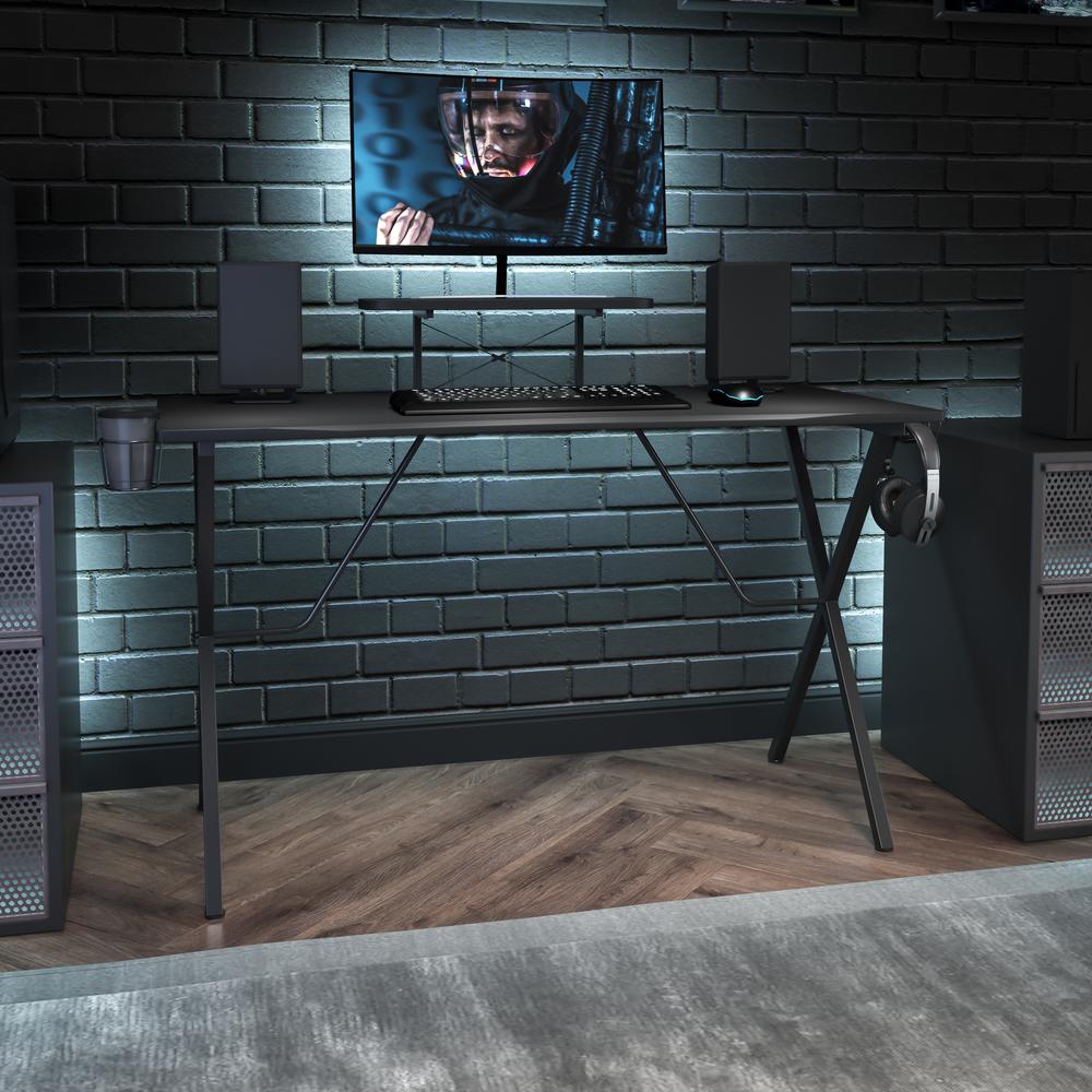 Black Gaming Desk with Cup Holder, Headphone Hook, and Monitor/Smartphone Stand - Flash Furniture