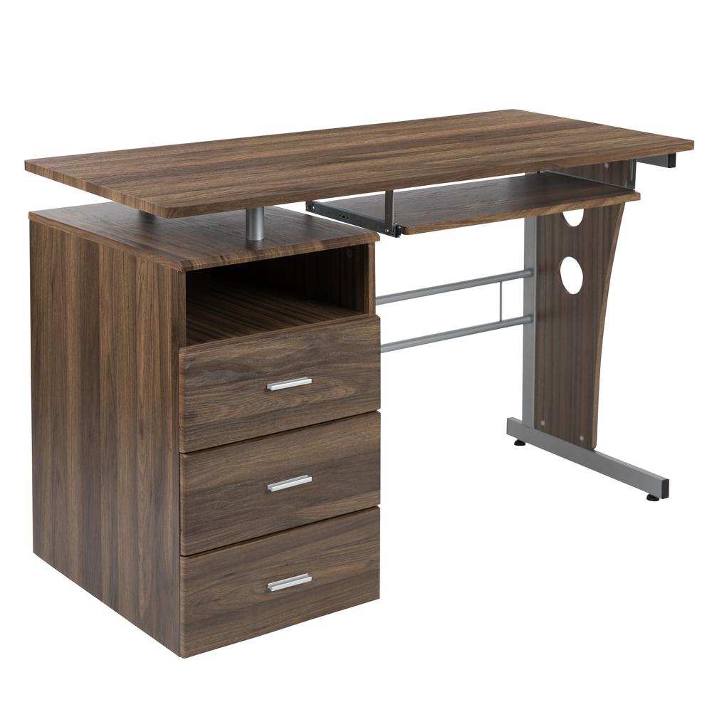 Rustic Walnut Desk with Three Drawer Pedestal and Pull-Out Keyboard Tray - Flash Furniture