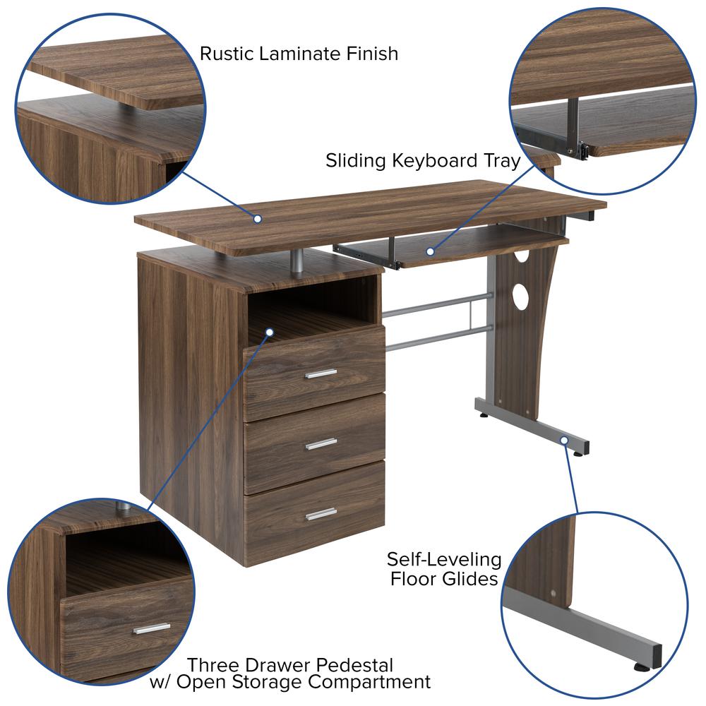 Rustic Walnut Desk with Three Drawer Pedestal and Pull-Out Keyboard Tray - Flash Furniture