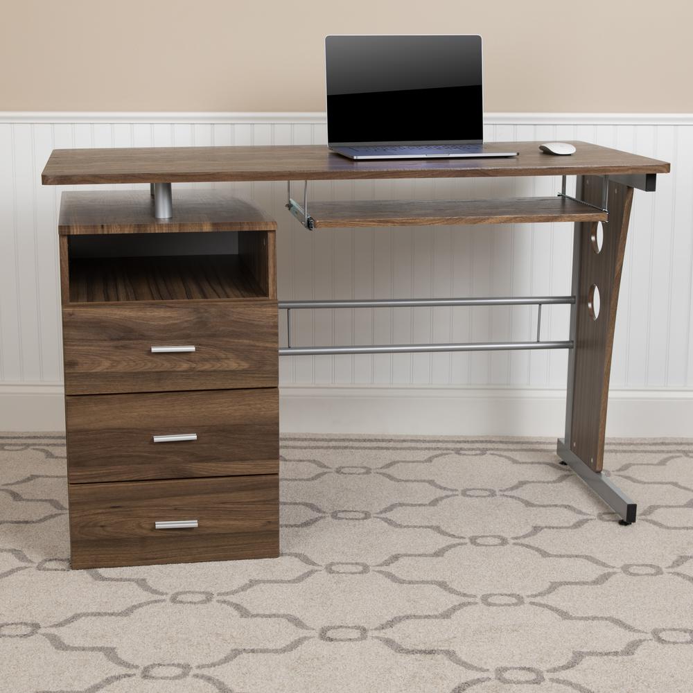 Rustic Walnut Desk with Three Drawer Pedestal and Pull-Out Keyboard Tray - Flash Furniture