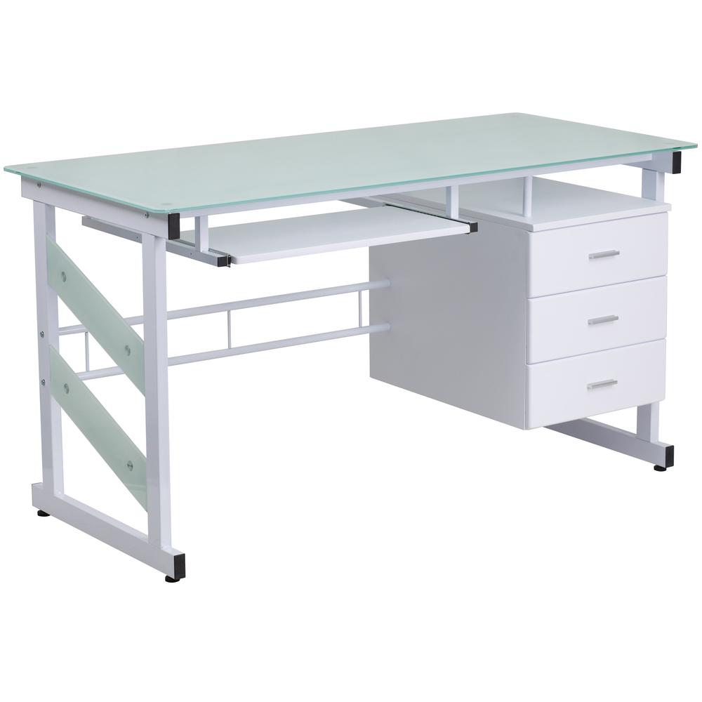 White Computer Desk with Frosted Glass Top and Three Drawer Pedestal - Flash Furniture