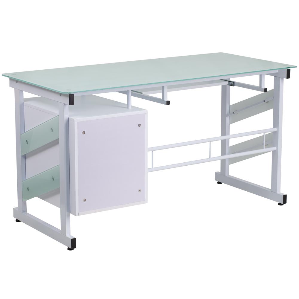 White Computer Desk with Frosted Glass Top and Three Drawer Pedestal - Flash Furniture