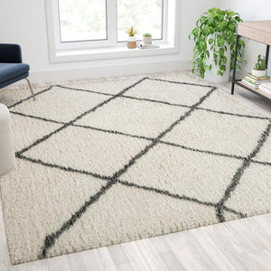 Shag Style Diamond Trellis Area Rug - 8' x 10' - Ivory/Gray Polyester (PET) - Flash Furniture