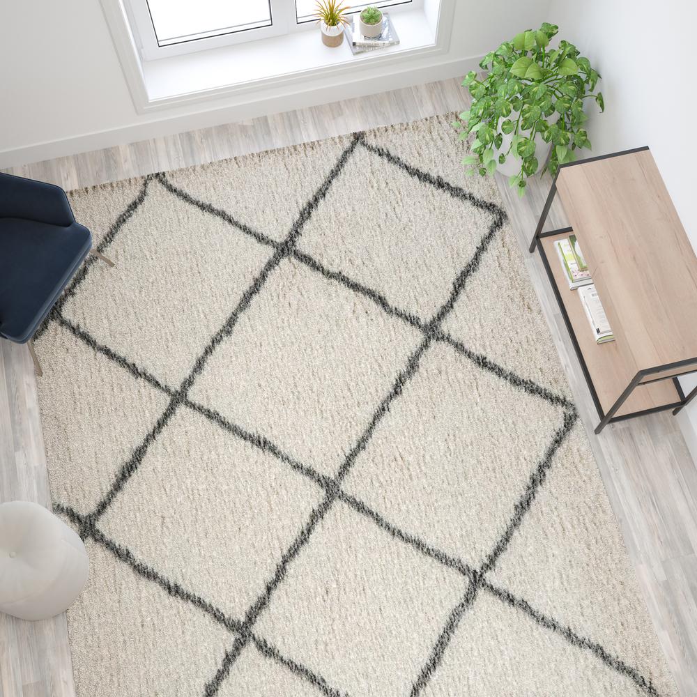 Shag Style Diamond Trellis Area Rug - 8' x 10' - Ivory/Gray Polyester (PET) - Flash Furniture