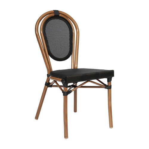 Bistro Stacking Chair, Black Textilene and Bamboo Print Aluminum Frame, Natural - Flash Furniture