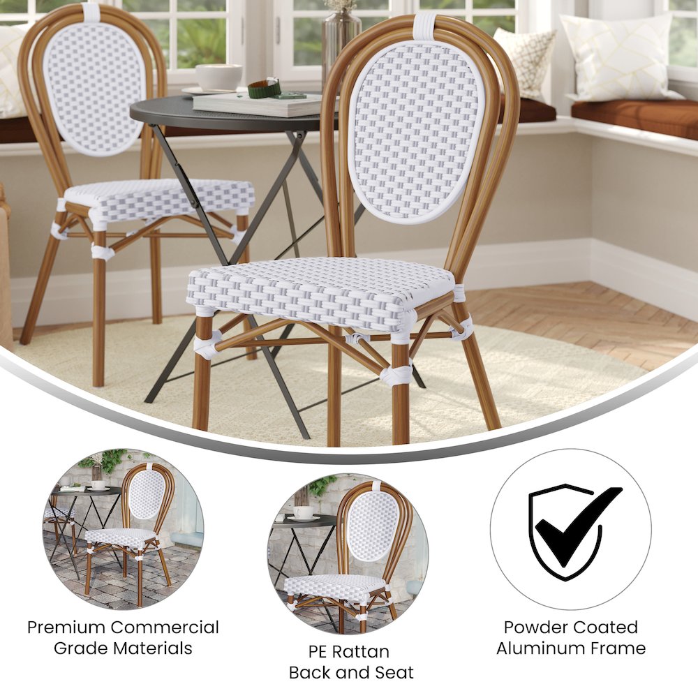 Bistro Stacking Chair, White and Gray PE Rattan and Bamboo Print Aluminum Frame - Flash Furniture