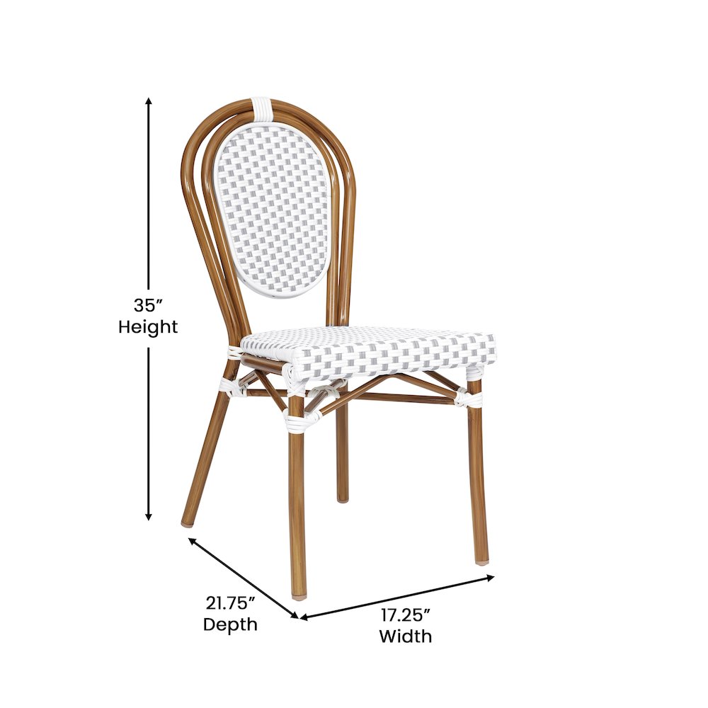Bistro Stacking Chair, White and Gray PE Rattan and Bamboo Print Aluminum Frame - Flash Furniture