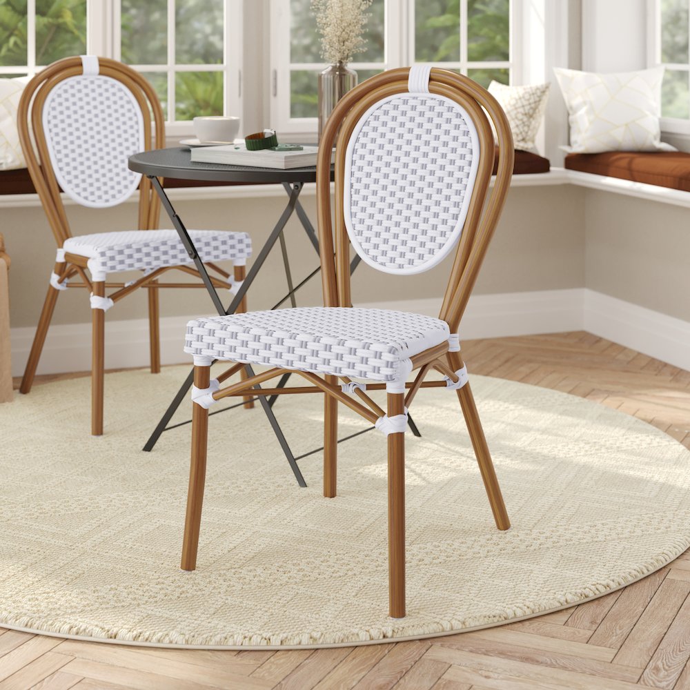 Bistro Stacking Chair, White and Gray PE Rattan and Bamboo Print Aluminum Frame - Flash Furniture