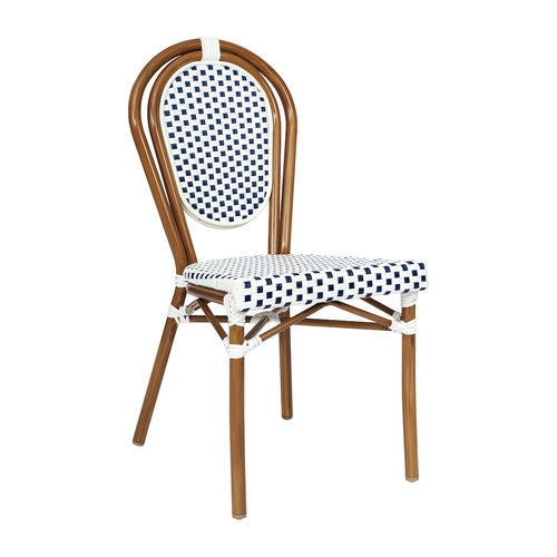 Bistro Stacking Chair, White and Navy PE Rattan and Bamboo Print Aluminum Frame - Flash Furniture