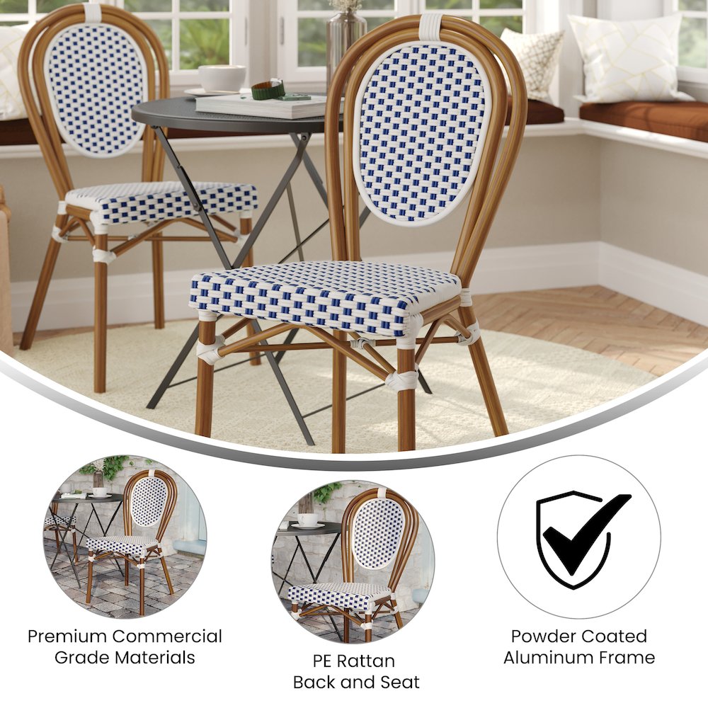Bistro Stacking Chair, White and Navy PE Rattan and Bamboo Print Aluminum Frame - Flash Furniture