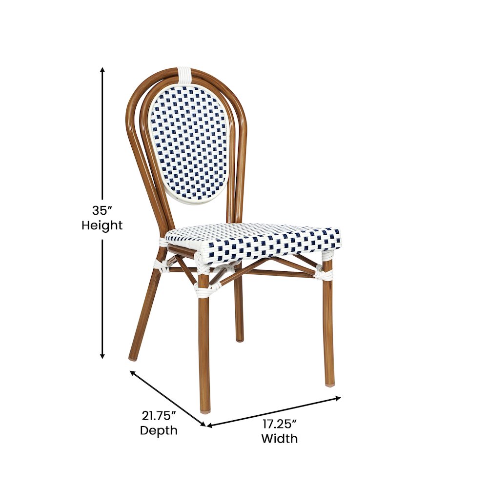 Bistro Stacking Chair, White and Navy PE Rattan and Bamboo Print Aluminum Frame - Flash Furniture