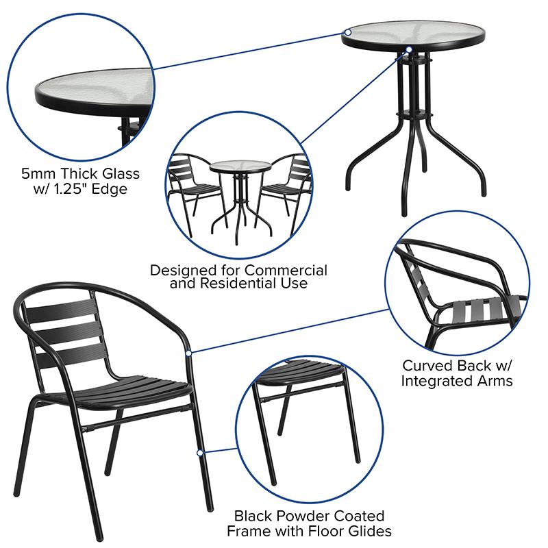 23.75'' Round Glass Metal Table with 2 Black Metal Aluminum Slat Stack Chairs - Flash Furniture