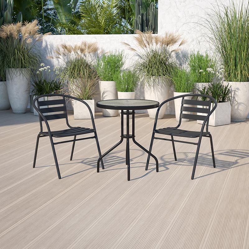 23.75'' Round Glass Metal Table with 2 Black Metal Aluminum Slat Stack Chairs - Flash Furniture