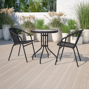 23.75'' Round Glass Metal Table with 2 Black Rattan Stack Chairs - Flash Furniture