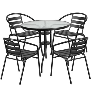 31.5'' Round Glass Metal Table with 4 Black Metal Aluminum Slat Stack Chairs - Flash Furniture
