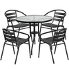 31.5'' Round Glass Metal Table with 4 Black Metal Aluminum Slat Stack Chairs - Flash Furniture