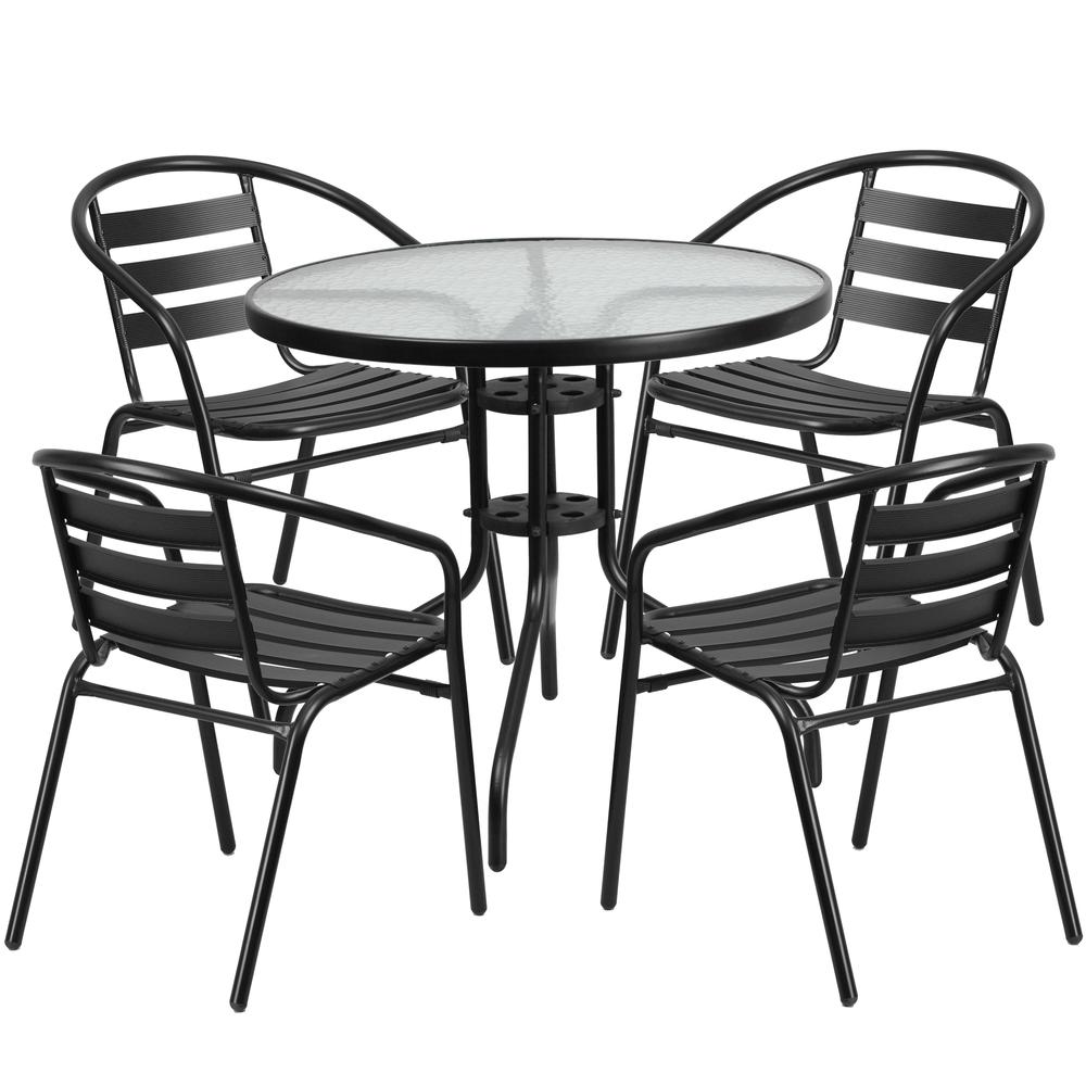 31.5'' Round Glass Metal Table with 4 Black Metal Aluminum Slat Stack Chairs - Flash Furniture