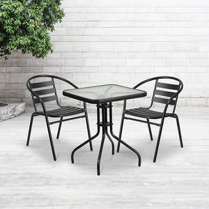 23.5'' Square Glass Metal Table with 2 Black Metal Aluminum Slat Stack Chairs - Flash Furniture