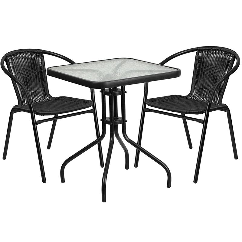 23.5'' Square Glass Metal Table with 2 Black Rattan Stack Chairs - Flash Furniture