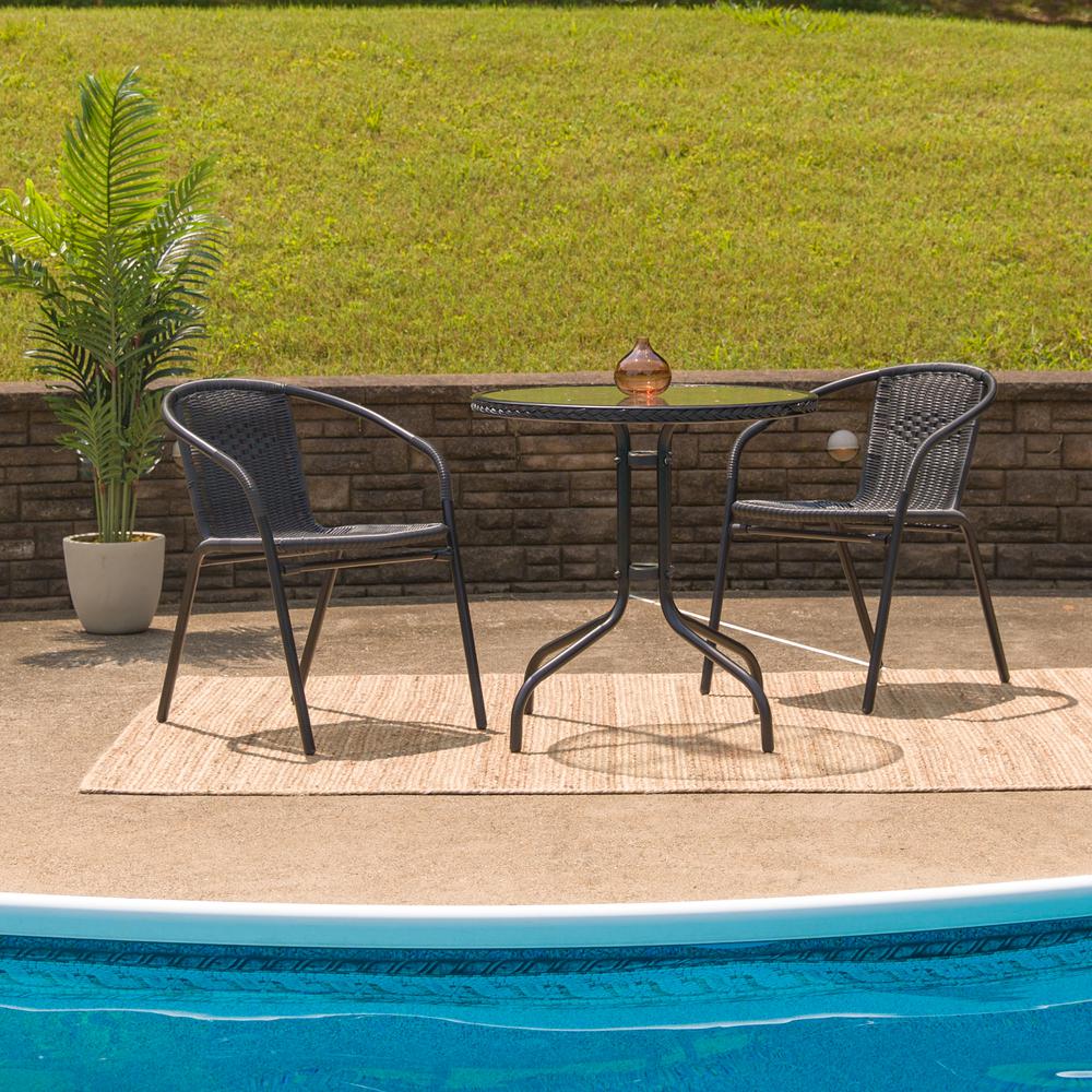 28'' Round Tempered Glass Metal Table with Black Rattan Edging - Flash Furniture
