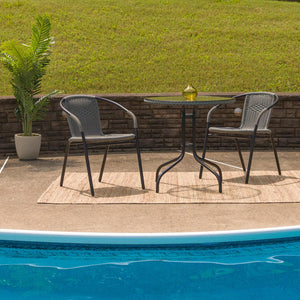 28'' Round Tempered Glass Metal Table with Gray Rattan Edging - Flash Furniture