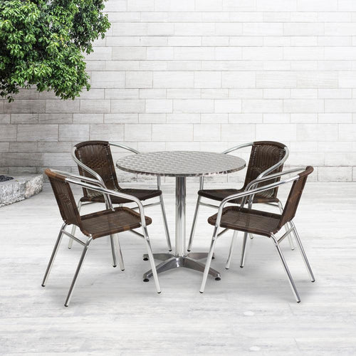 31.5'' Round Aluminum Indoor-Outdoor Table Set with 4 Dark Brown Rattan Chairs - Flash Furniture