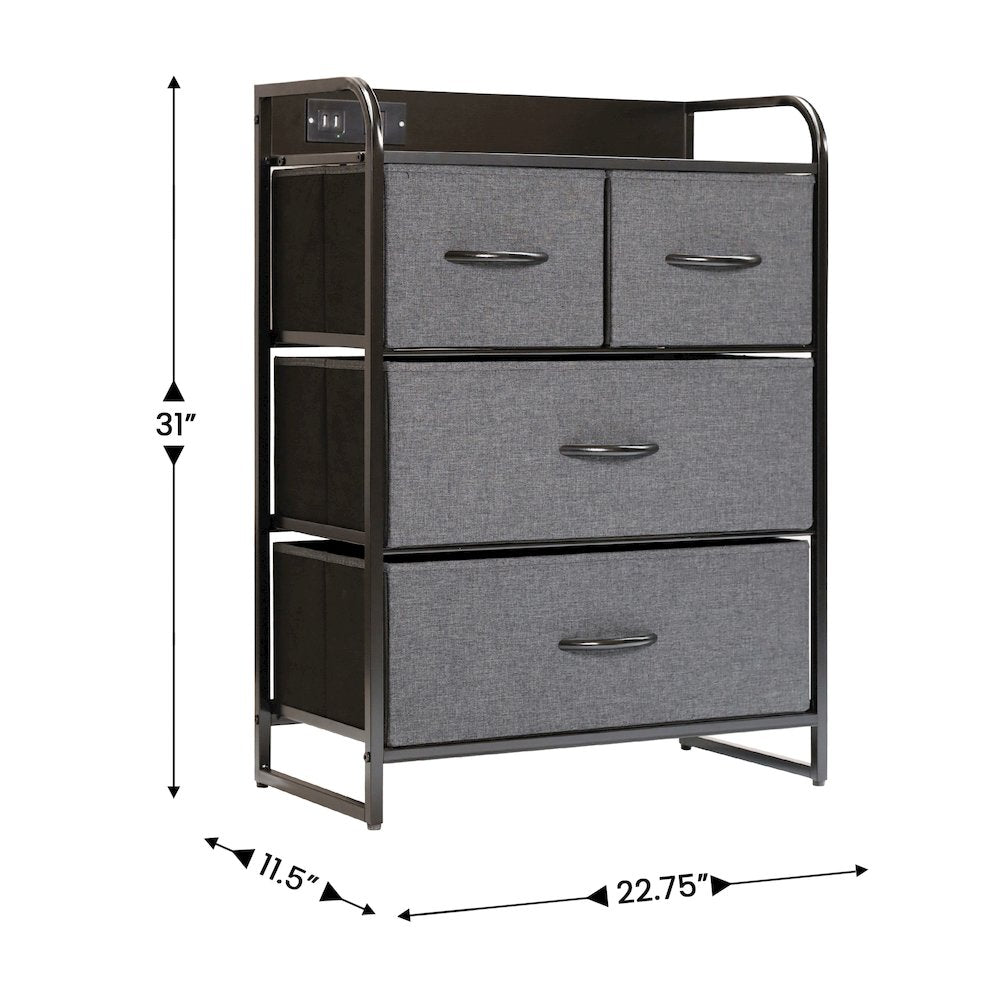 4 Drawer Nightstand with Charging Station, 2 USB Ports, Black Metal Frame - Flash Furniture