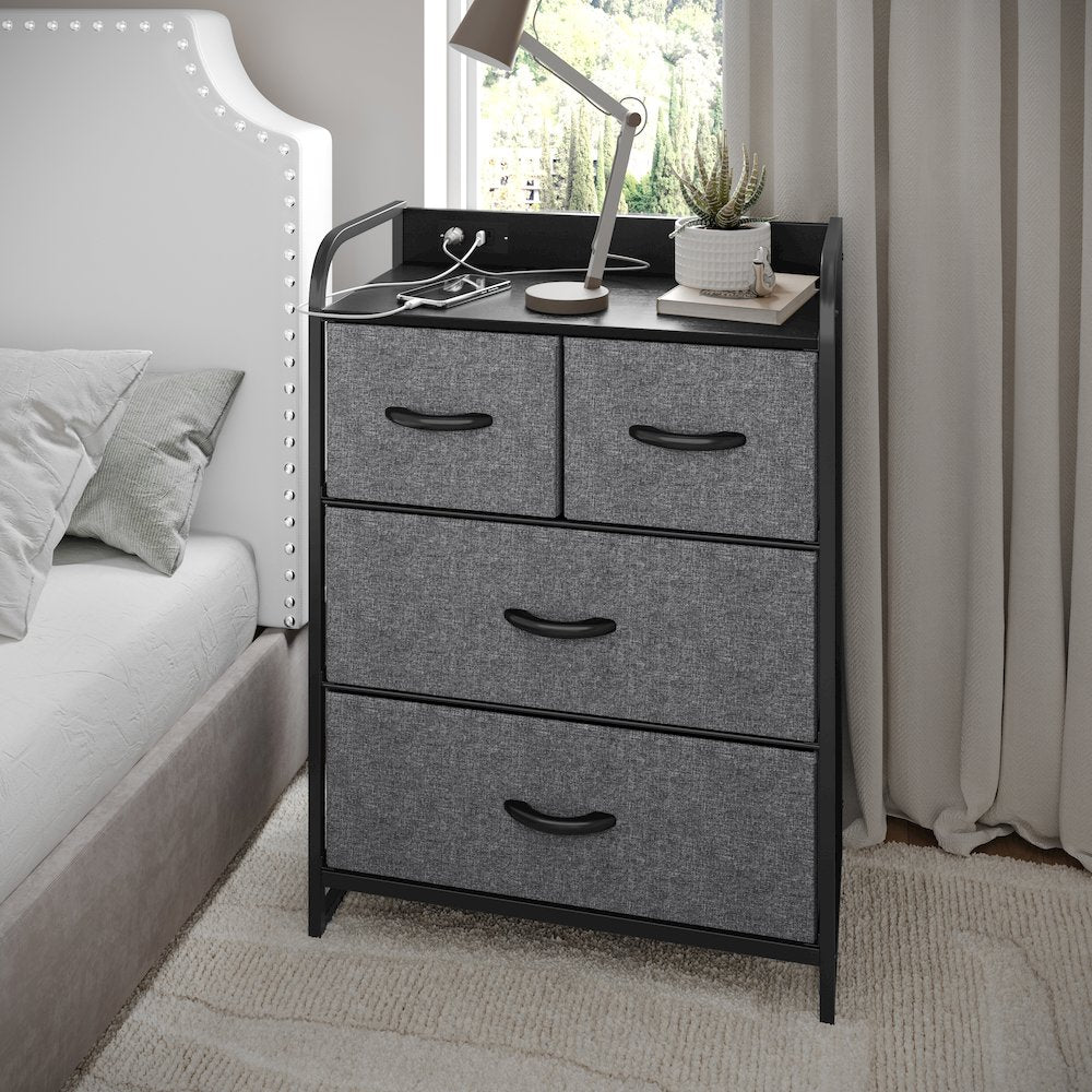4 Drawer Nightstand with Charging Station, 2 USB Ports, Black Metal Frame - Flash Furniture