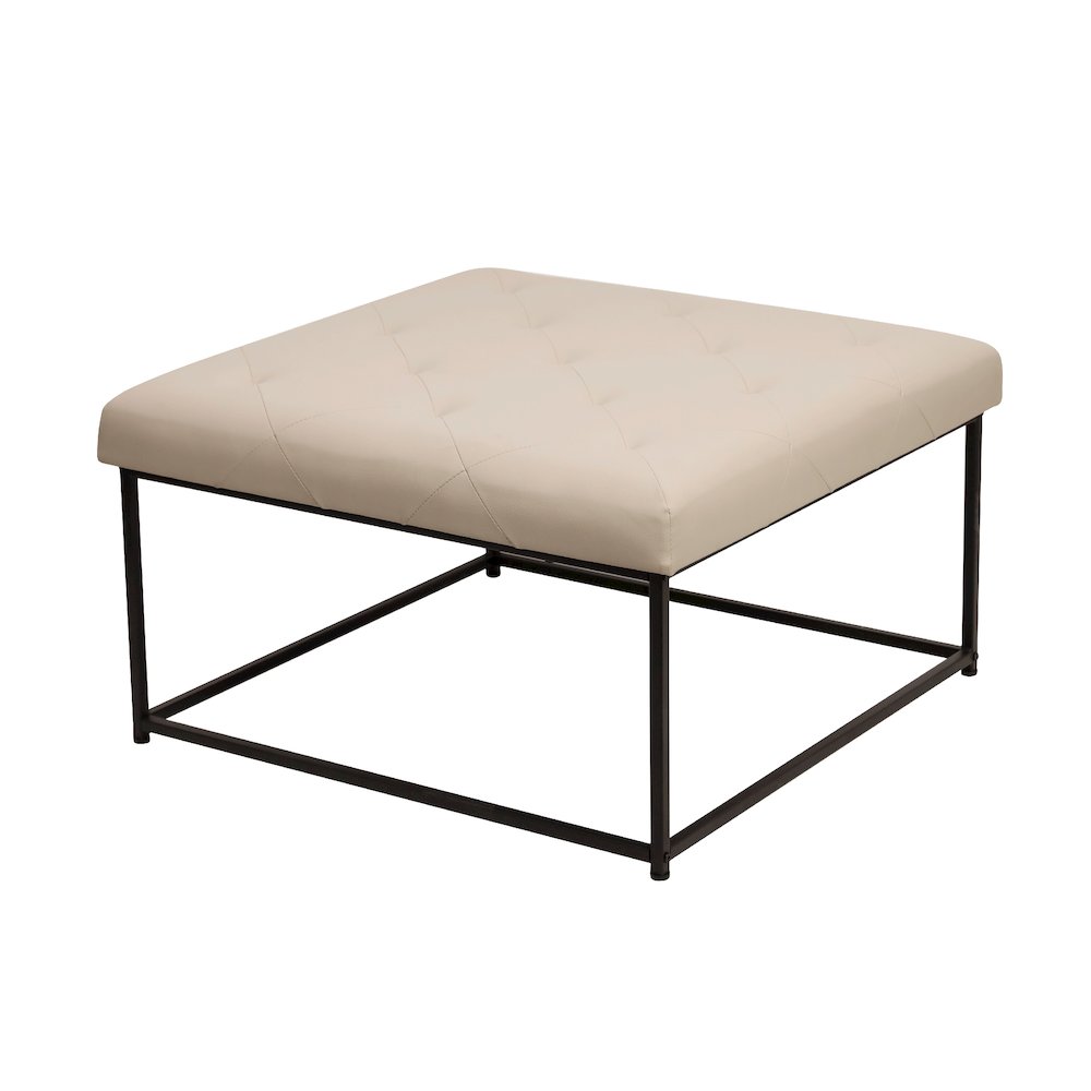 30'' Square LeatherSoft Tufted Ottoman, Metal Frame,Beige LeatherSoft/Black Frame - Flash Furniture