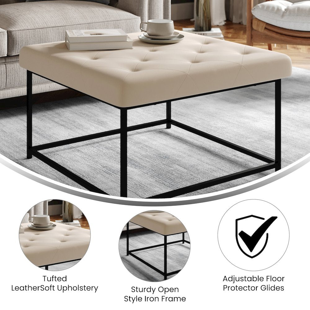 30'' Square LeatherSoft Tufted Ottoman, Metal Frame,Beige LeatherSoft/Black Frame - Flash Furniture
