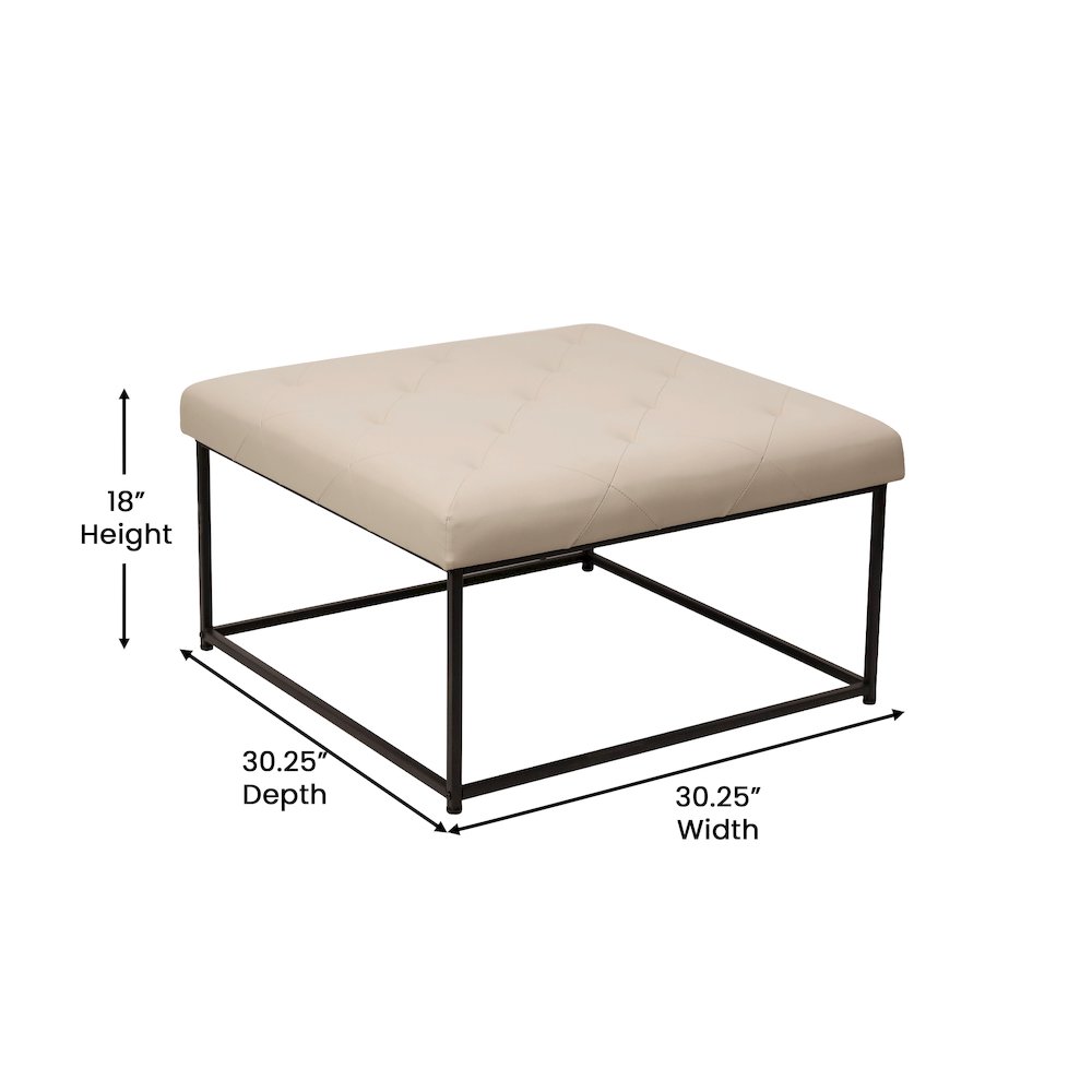 30'' Square LeatherSoft Tufted Ottoman, Metal Frame,Beige LeatherSoft/Black Frame - Flash Furniture
