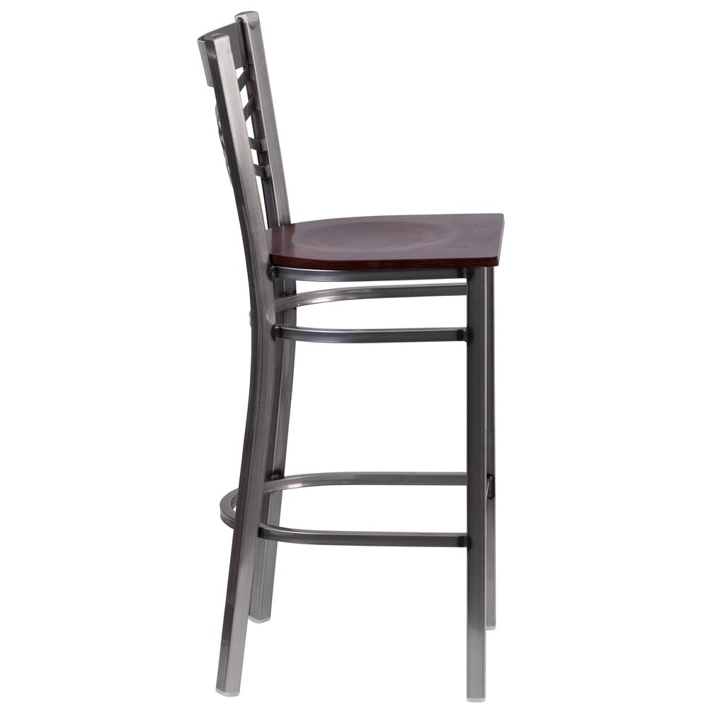 Clear Coated ''X'' Back Metal Restaurant Barstool - Walnut Wood Seat - Flash Furniture