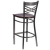 Clear Coated ''X'' Back Metal Restaurant Barstool - Walnut Wood Seat - Flash Furniture