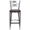 Clear Coated ''X'' Back Metal Restaurant Barstool - Walnut Wood Seat - Flash Furniture