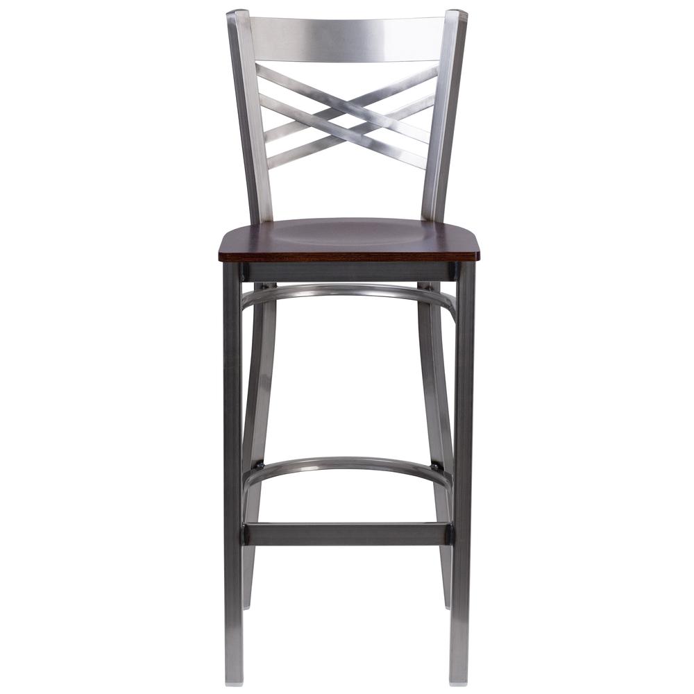 Clear Coated ''X'' Back Metal Restaurant Barstool - Walnut Wood Seat - Flash Furniture