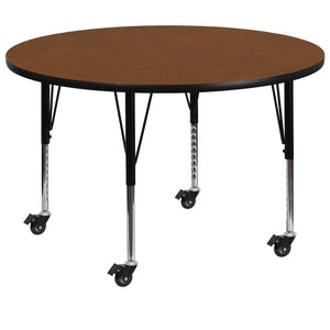 Mobile 42'' Round Oak HP Laminate Activity Table - Height Adjustable Short Legs - Flash Furniture
