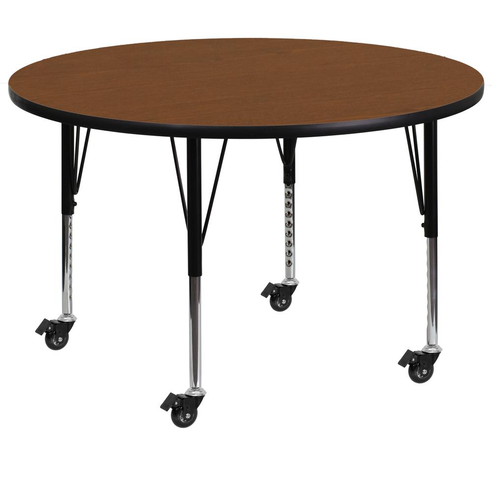 Mobile 42'' Round Oak HP Laminate Activity Table - Height Adjustable Short Legs - Flash Furniture